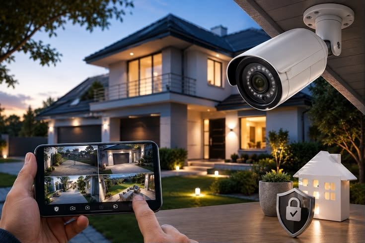 A white bullet camera mounted under the eaves of a lit modern house at dusk, with a phone showing four camera views.